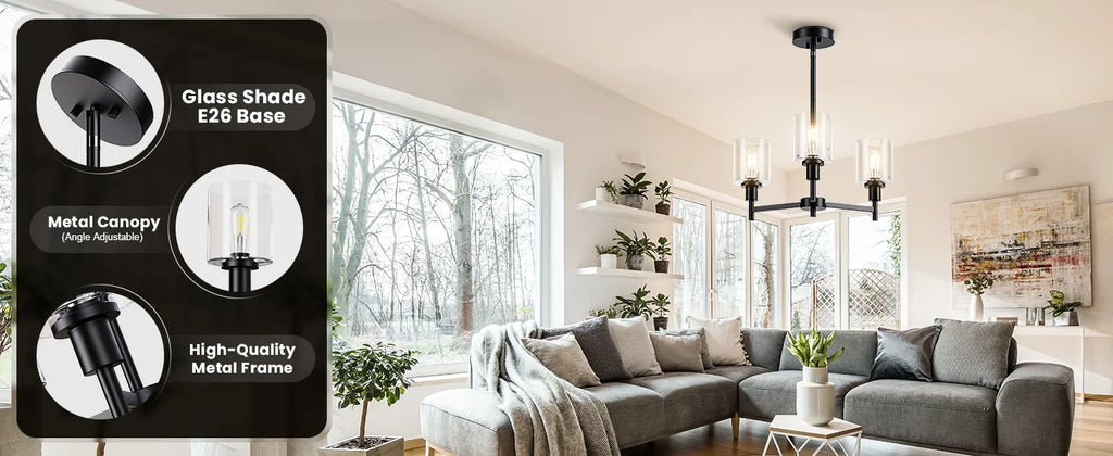 Chandelier for Dinning Room Light Fixture, Kitchen Island Modern Farmhouse Pendant Ceiling Lights with Clear Glass Shade