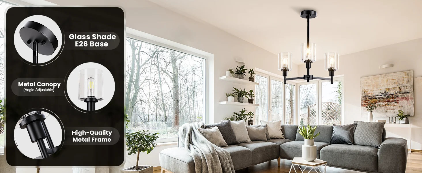 Chandelier for Dinning Room Light Fixture, Kitchen Island Modern Farmhouse Pendant Ceiling Lights with Clear Glass Shade