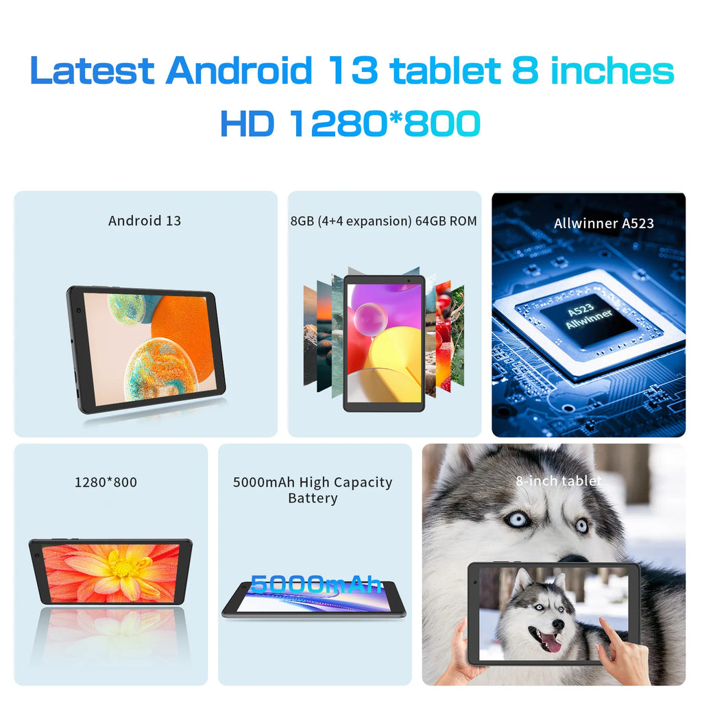 PRITOM 8 Inch tablet Android 14, Octa core, 8GB (4+4GB Virtual) RAM, 64GB ROM, 5GWi-Fi, with Protective Leather Case