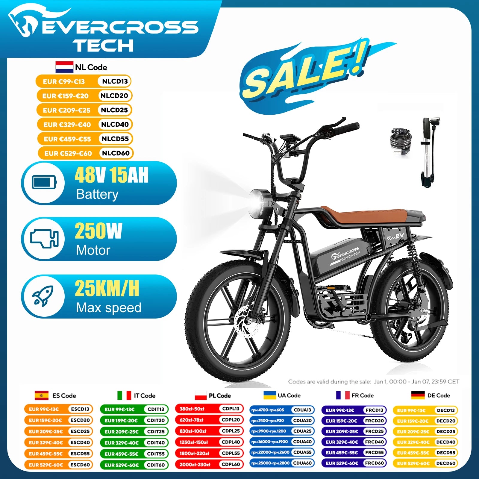 EVERCROSS TECH EK30 Electric bike adult, e-car 20 "x4.0 wide tires, motor 250W, speed 25 km/h, autonomy 100km