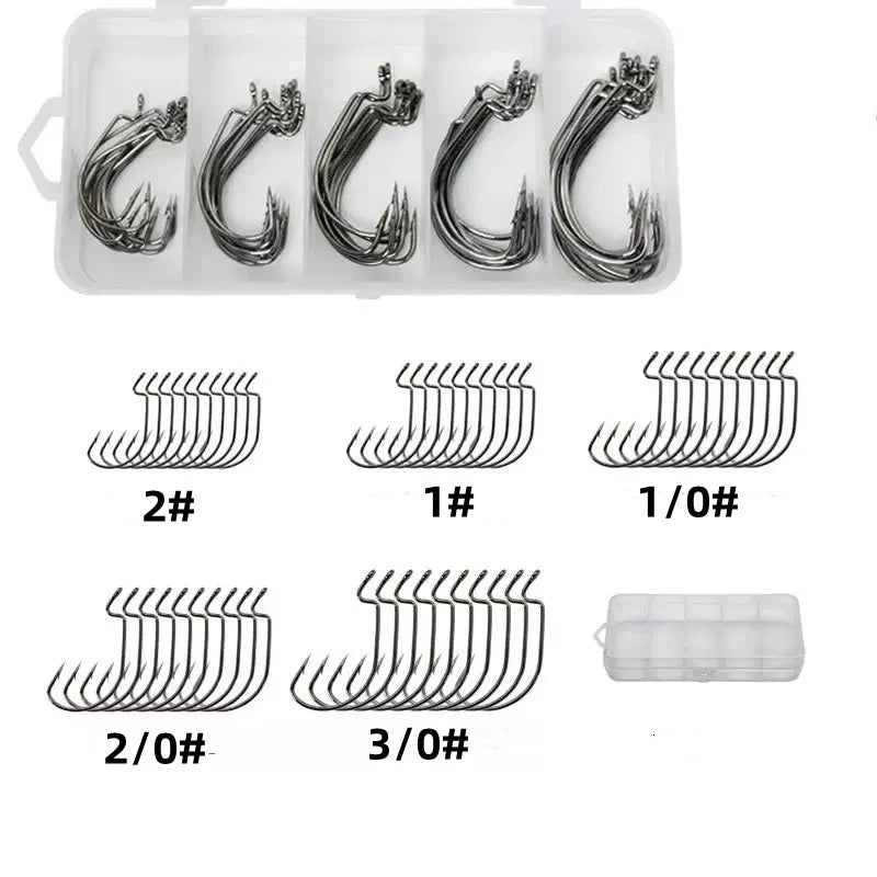 50PCS/box Offset Worm Hooks Assortment with Tackle Box, High Carbon Steel Worm Fishing Hooks Wide Gap Barb Hooks Soft Bait