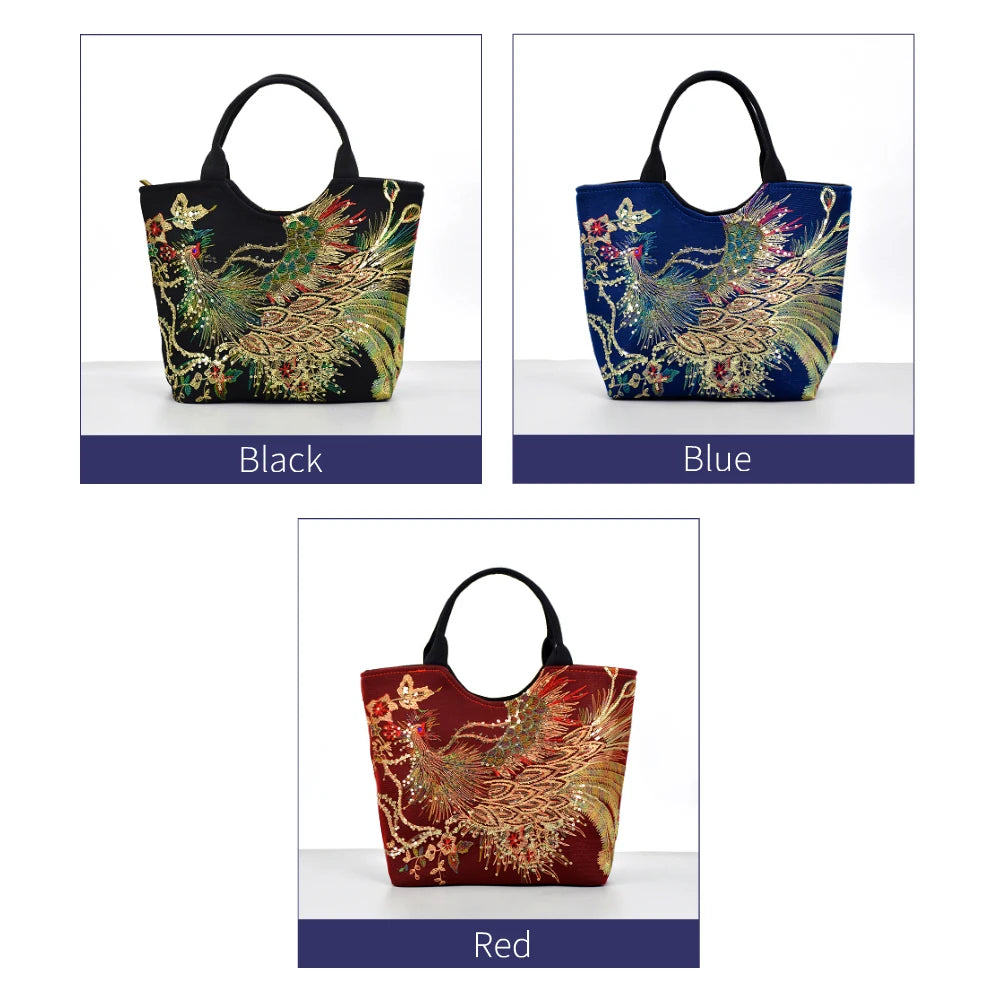 Phoenix Embroidered Sequin Handbag, Ethnic Style Embroidered Handbag, Women's Ethnic Travel Bohemian Bag