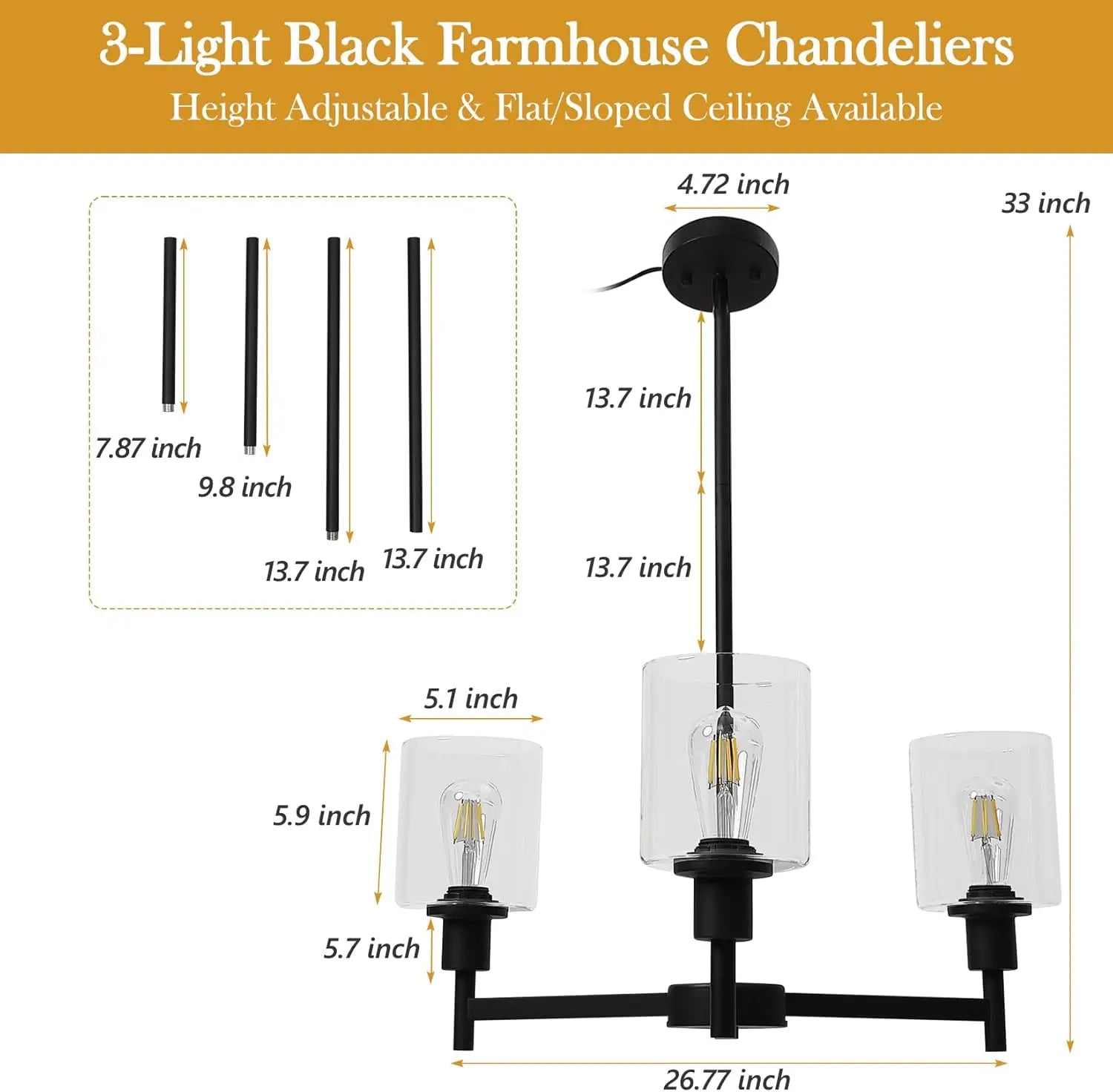 Chandelier for Dinning Room Light Fixture, Kitchen Island Modern Farmhouse Pendant Ceiling Lights with Clear Glass Shade