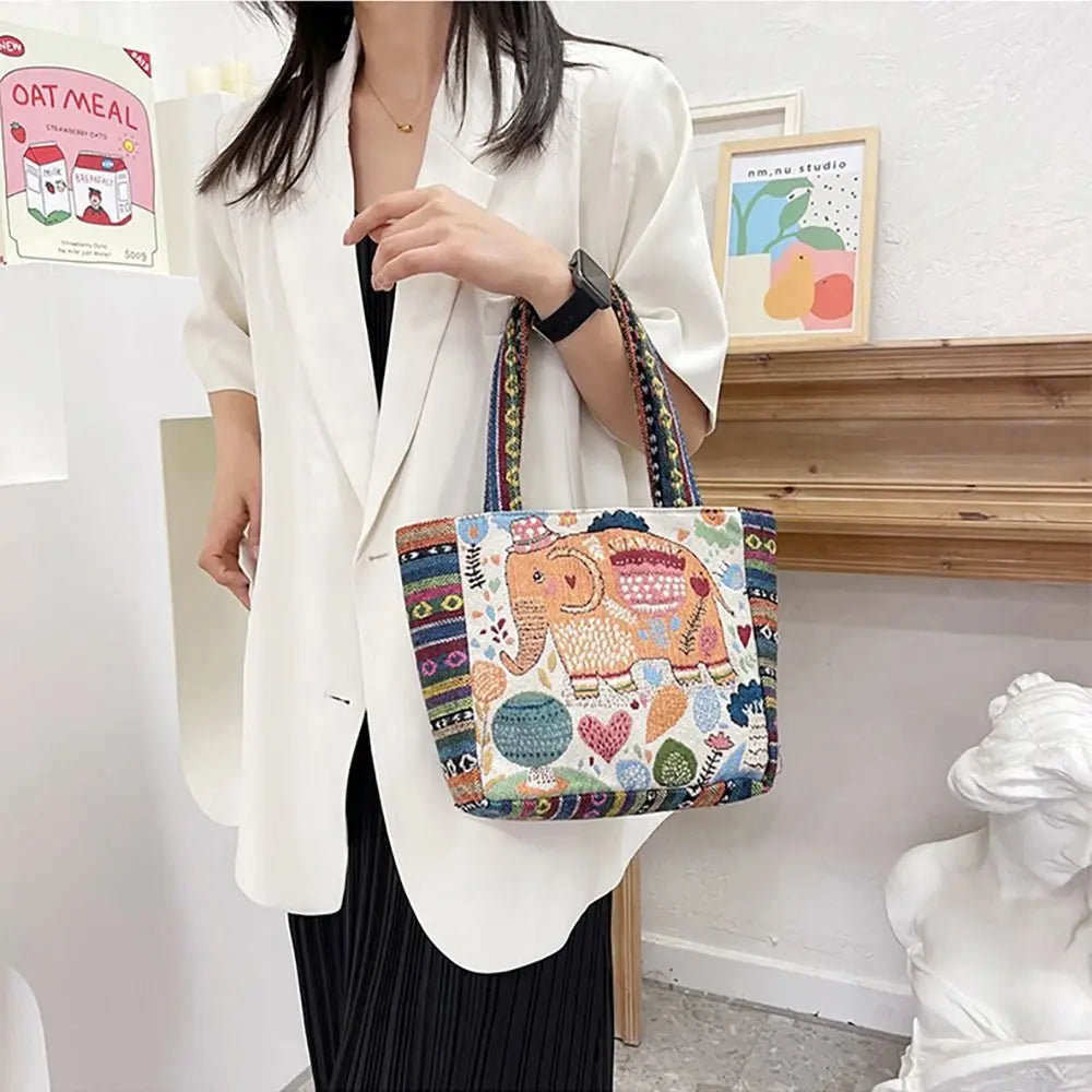 1Pcs Animal Ethnic Style Handbag Trendy Embroidery Elephant Peacock Handbag Rabbit Canvas Tote Bag Storage Bag