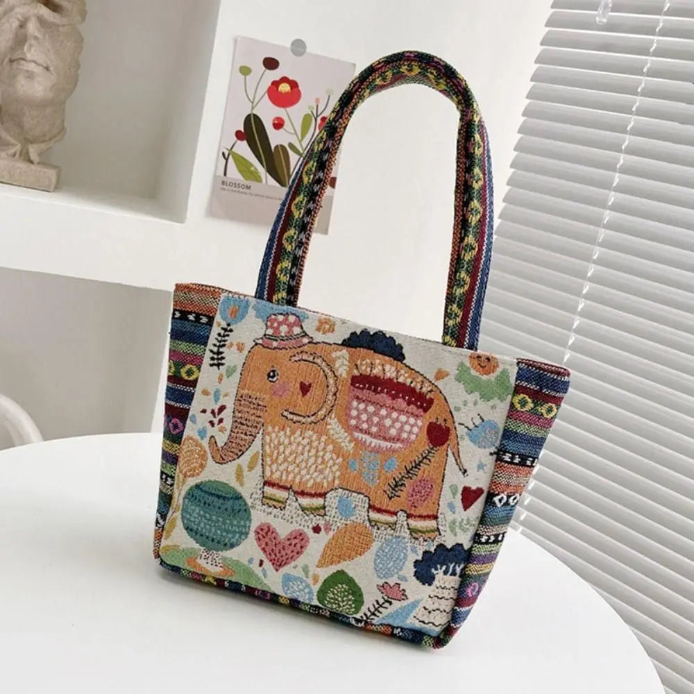 1Pcs Animal Ethnic Style Handbag Trendy Embroidery Elephant Peacock Handbag Rabbit Canvas Tote Bag Storage Bag
