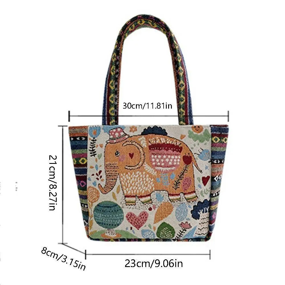 1Pcs Animal Ethnic Style Handbag Trendy Embroidery Elephant Peacock Handbag Rabbit Canvas Tote Bag Storage Bag