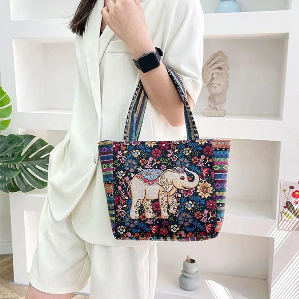 1Pcs Animal Ethnic Style Handbag Trendy Embroidery Elephant Peacock Handbag Rabbit Canvas Tote Bag Storage Bag