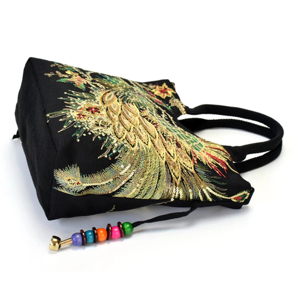 Fashion Women Handbags Peafowl Embroidery Canvas Retro Beads Pendant Top-Handle Bag Large Shoulder Messenger Bags