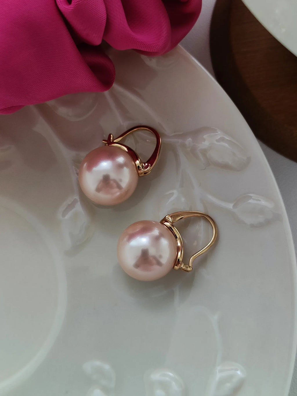 VOBIPY 925 Sterling Silver Earring Pink Color Pearl Earring For Women Wedding Party Gift Fashion Jewelry 12-14mm Shell Pearl