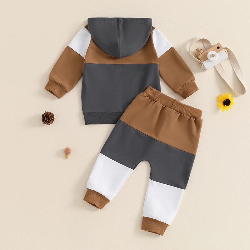 Baby Boy Fall Clothes Contrast Colors Long Sleeve Hooded Sweatshirt and Elastic Sweatpants 2 Piece Track Suit