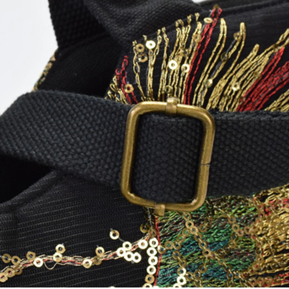 Fashion Women Handbags Peafowl Embroidery Canvas Retro Beads Pendant Top-Handle Bag Large Shoulder Messenger Bags