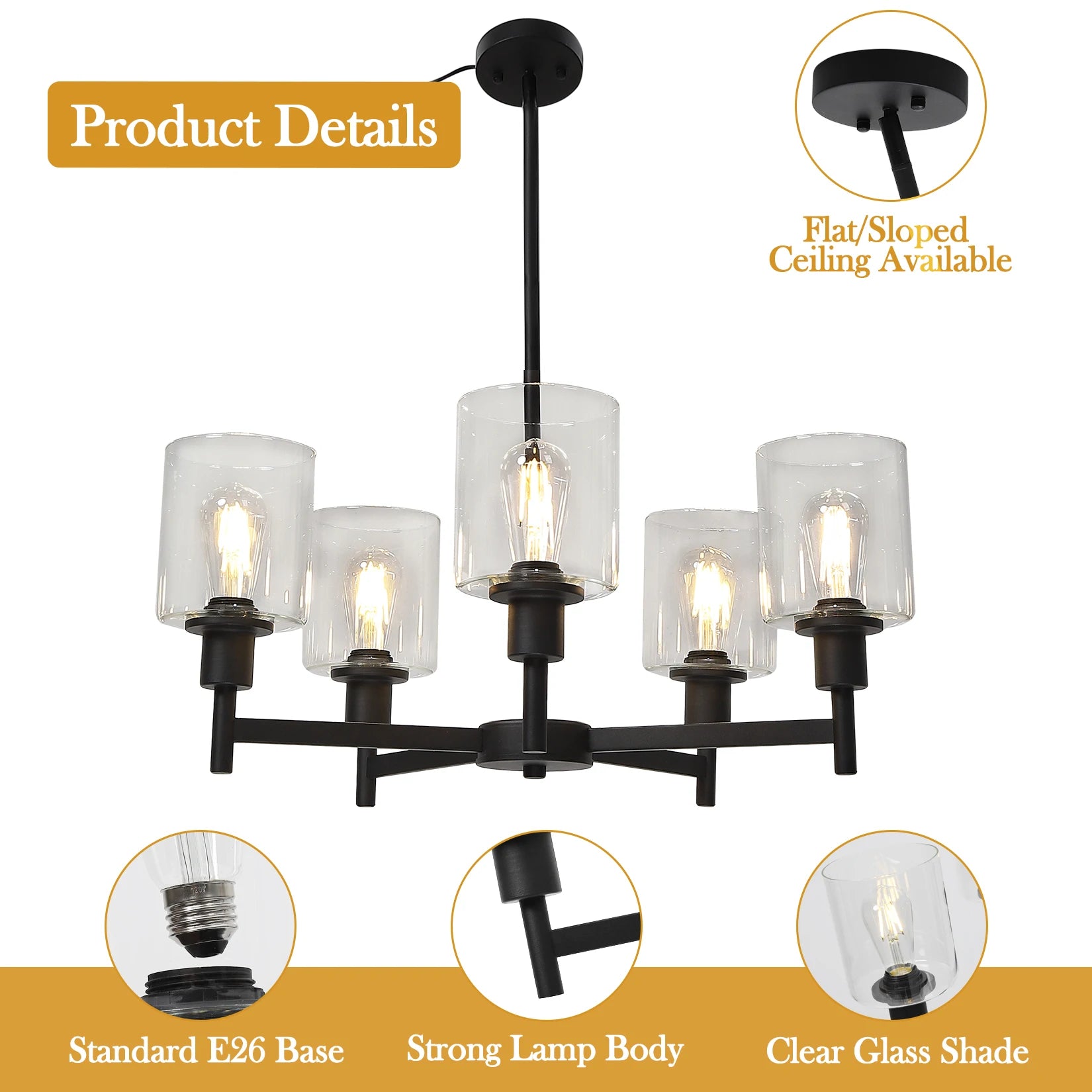 Chandelier for Dinning Room Light Fixture, Kitchen Island Modern Farmhouse Pendant Ceiling Lights with Clear Glass Shade