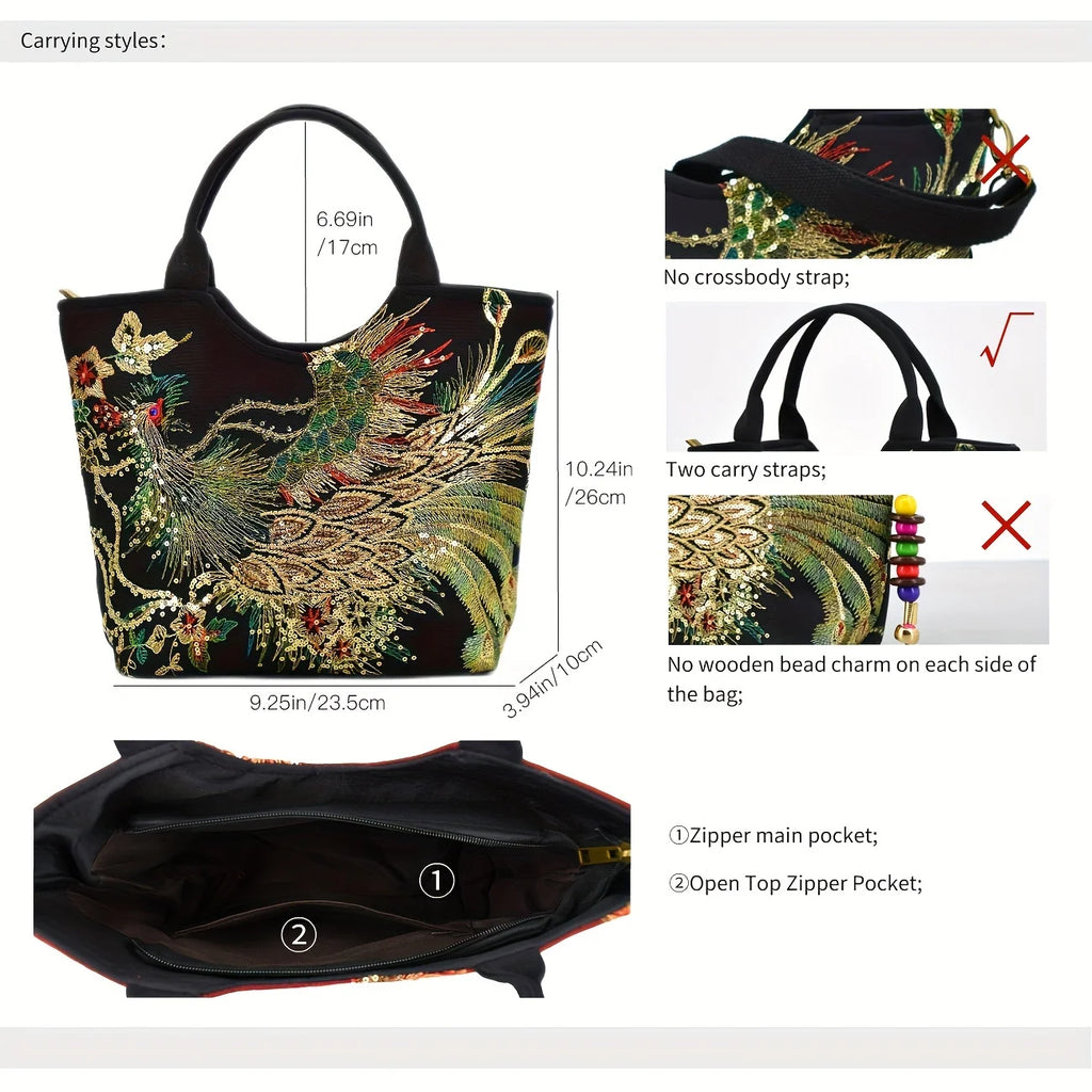 Phoenix Embroidered Sequin Handbag, Ethnic Style Embroidered Handbag, Women's Ethnic Travel Bohemian Bag
