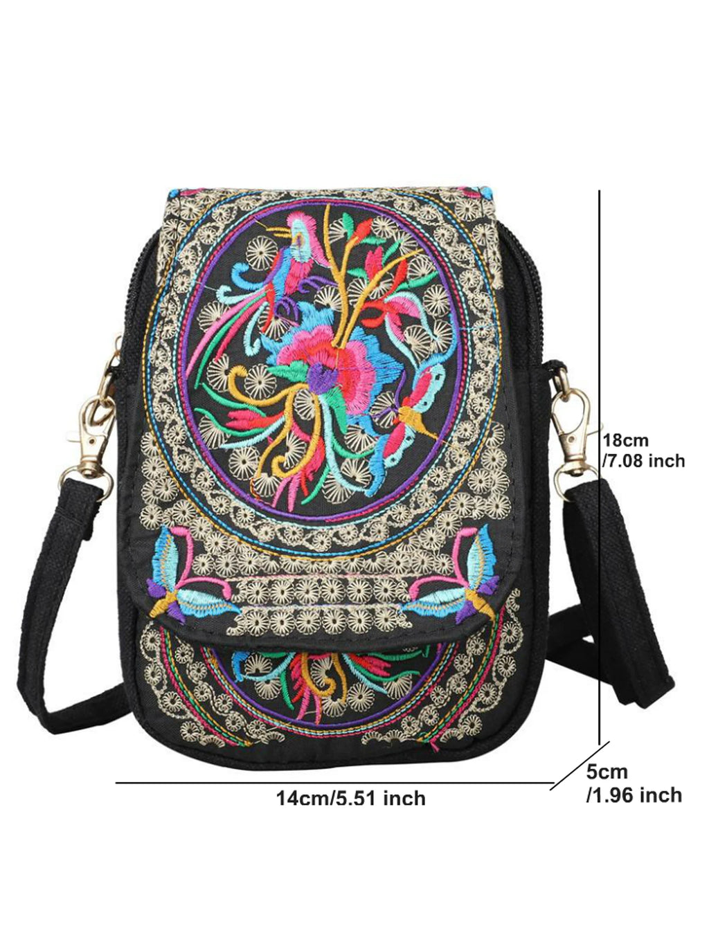 Stylish Women's Embroidered Crossbody Phone Bag with Zipper - Small Canvas Shoulder Bag for Everyday Use