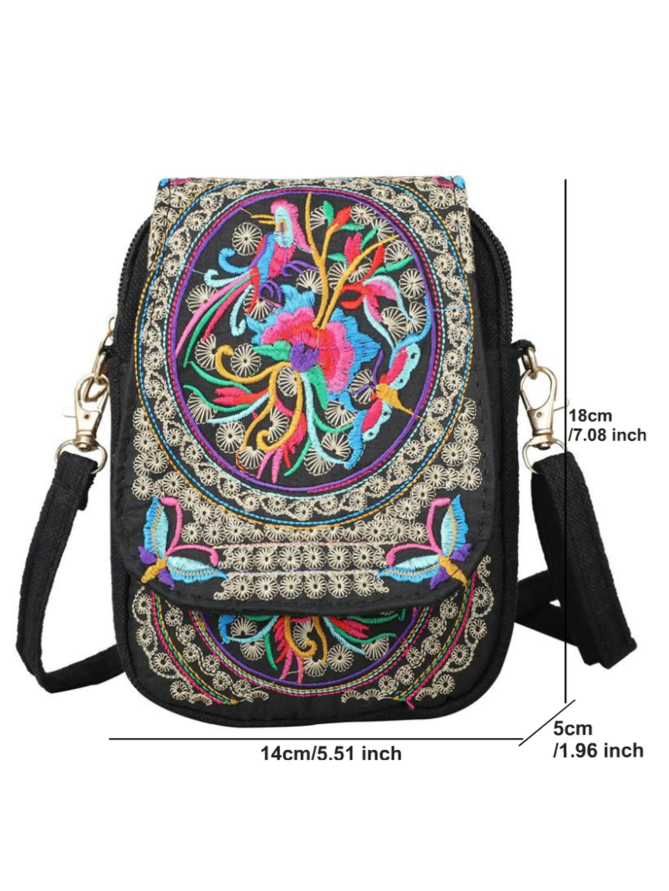Stylish Women's Embroidered Crossbody Phone Bag with Zipper - Small Canvas Shoulder Bag for Everyday Use