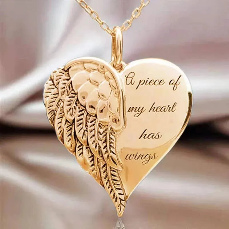 2024 A Piece of My Heart Has Wings Pendant European American Angel Wings Engraved Necklace Jewelry Necklace for Women