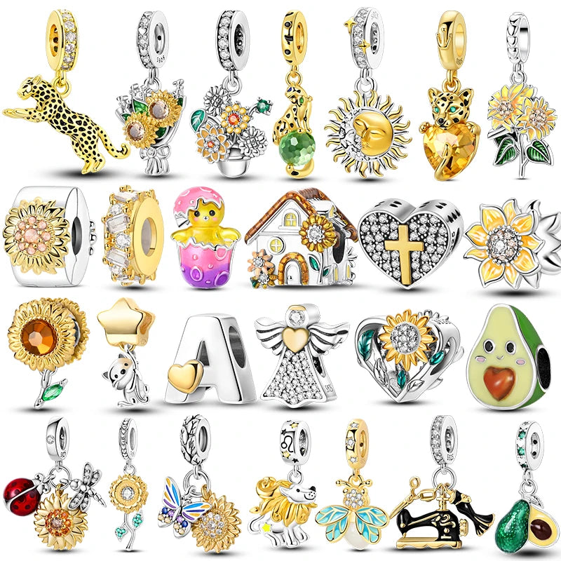 New In 925 Sterling Silver Golden Sunflower Lucky Stars Charm Fit Original Bracelet Necklace Sun Moon Diamond Charm Jewelry DIY