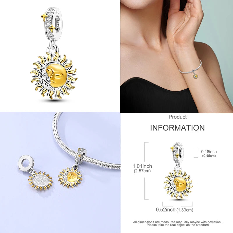 New In 925 Sterling Silver Golden Sunflower Lucky Stars Charm Fit Original Bracelet Necklace Sun Moon Diamond Charm Jewelry DIY