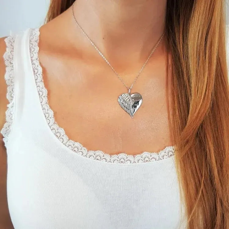 2024 A Piece of My Heart Has Wings Pendant European American Angel Wings Engraved Necklace Jewelry Necklace for Women