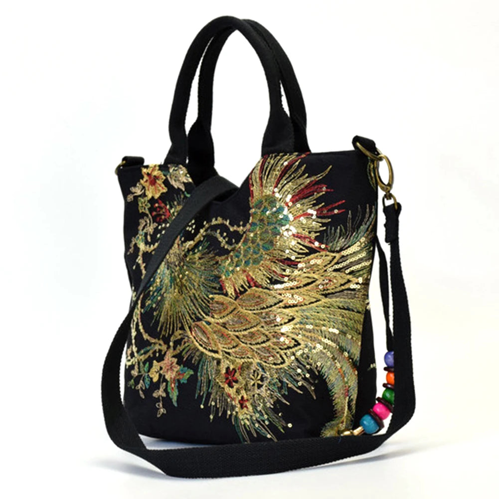 Fashion Women Handbags Peafowl Embroidery Canvas Retro Beads Pendant Top-Handle Bag Large Shoulder Messenger Bags