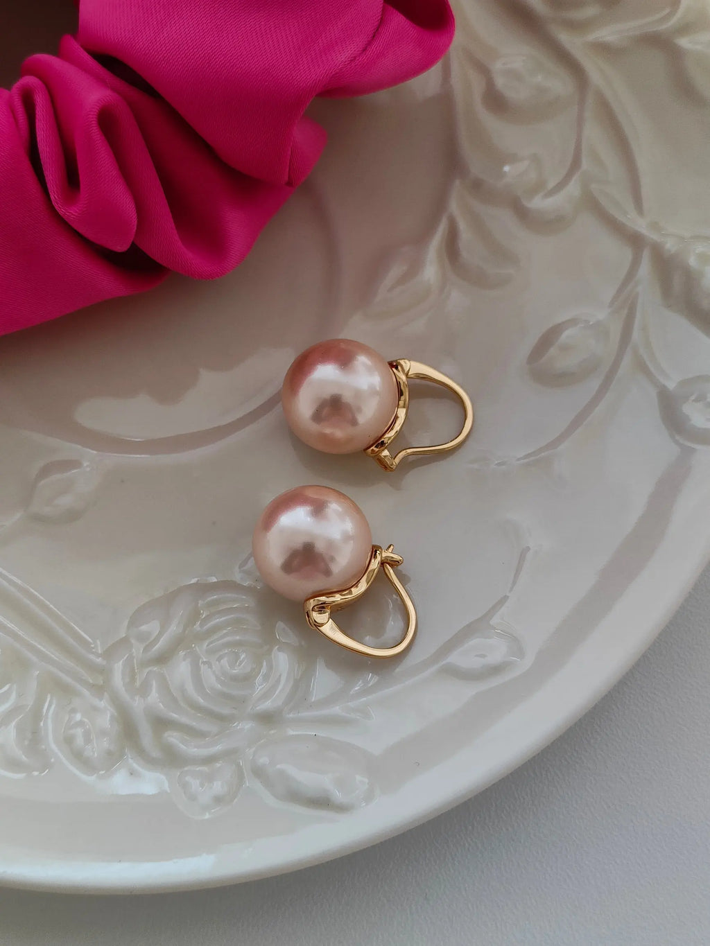 VOBIPY 925 Sterling Silver Earring Pink Color Pearl Earring For Women Wedding Party Gift Fashion Jewelry 12-14mm Shell Pearl
