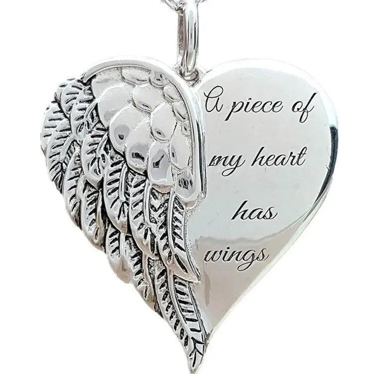 2024 A Piece of My Heart Has Wings Pendant European American Angel Wings Engraved Necklace Jewelry Necklace for Women