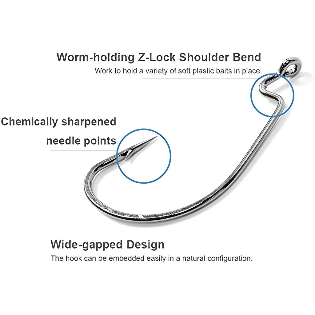 50PCS/box Offset Worm Hooks Assortment with Tackle Box, High Carbon Steel Worm Fishing Hooks Wide Gap Barb Hooks Soft Bait