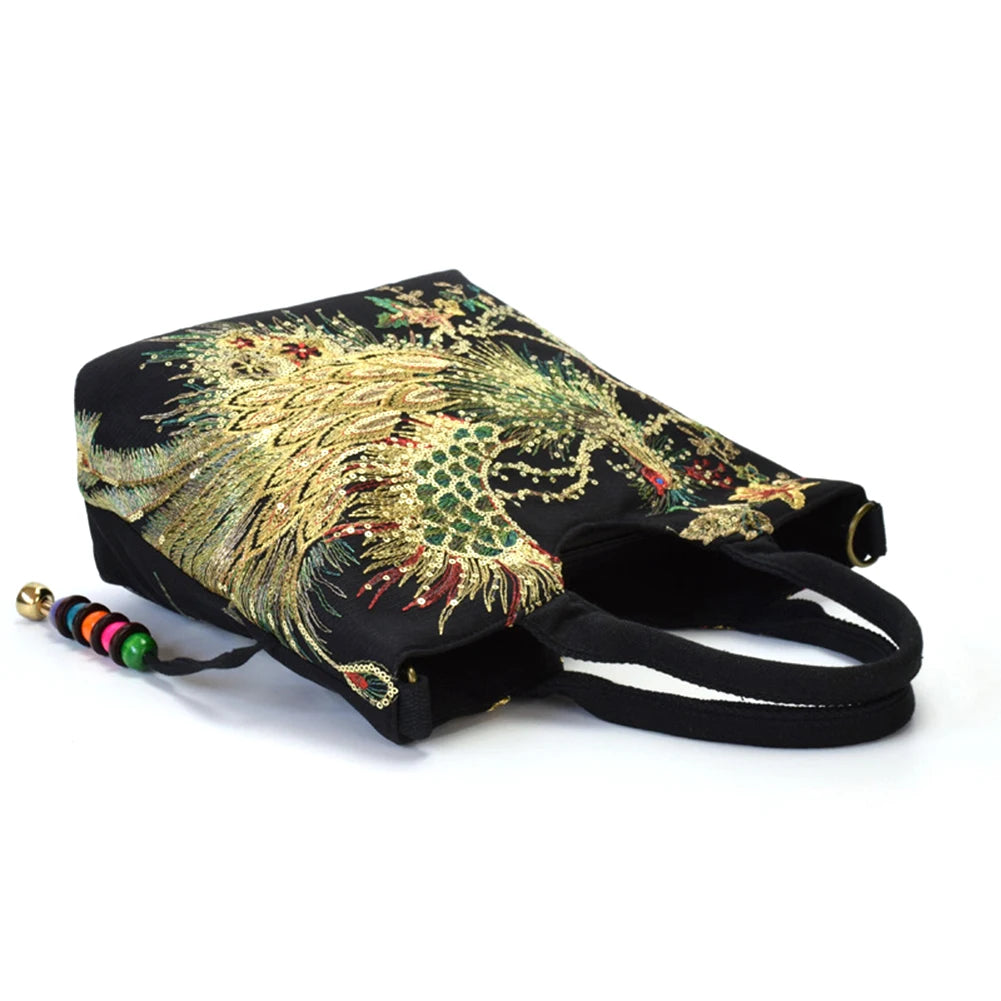 Fashion Women Handbags Peafowl Embroidery Canvas Retro Beads Pendant Top-Handle Bag Large Shoulder Messenger Bags