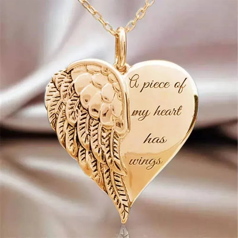 2024 A Piece of My Heart Has Wings Pendant European American Angel Wings Engraved Necklace Jewelry Necklace for Women