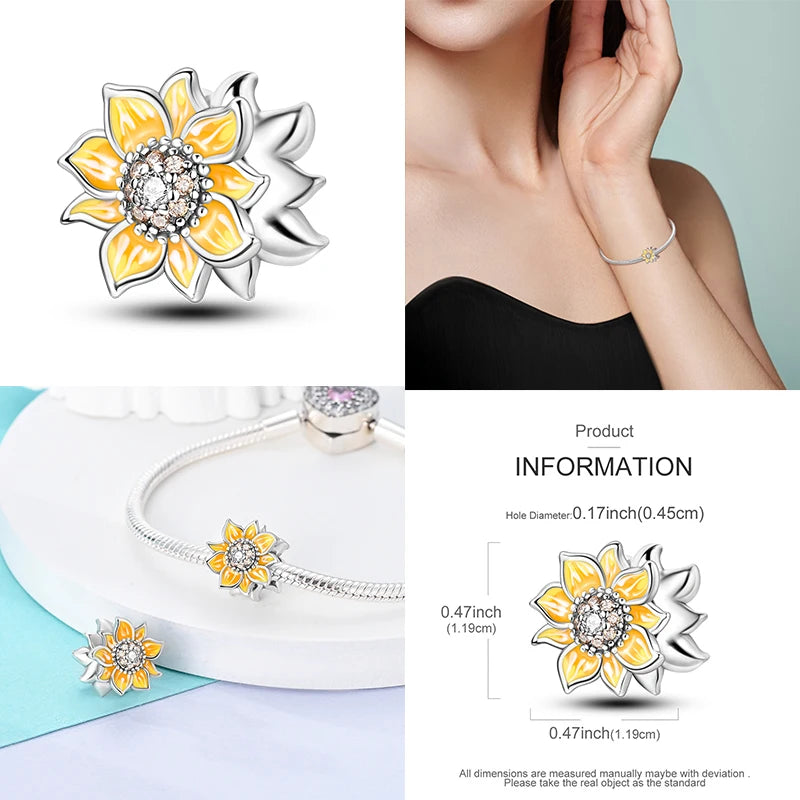 New In 925 Sterling Silver Golden Sunflower Lucky Stars Charm Fit Original Bracelet Necklace Sun Moon Diamond Charm Jewelry DIY