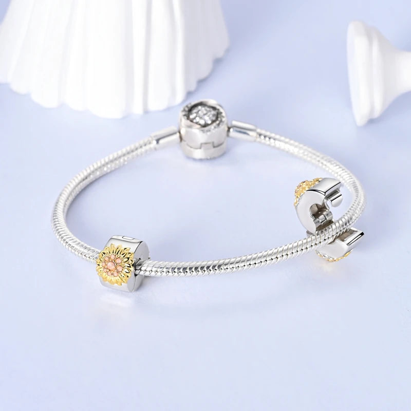 New In 925 Sterling Silver Golden Sunflower Lucky Stars Charm Fit Original Bracelet Necklace Sun Moon Diamond Charm Jewelry DIY