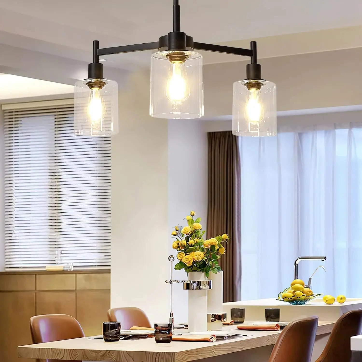 Chandelier for Dinning Room Light Fixture, Kitchen Island Modern Farmhouse Pendant Ceiling Lights with Clear Glass Shade