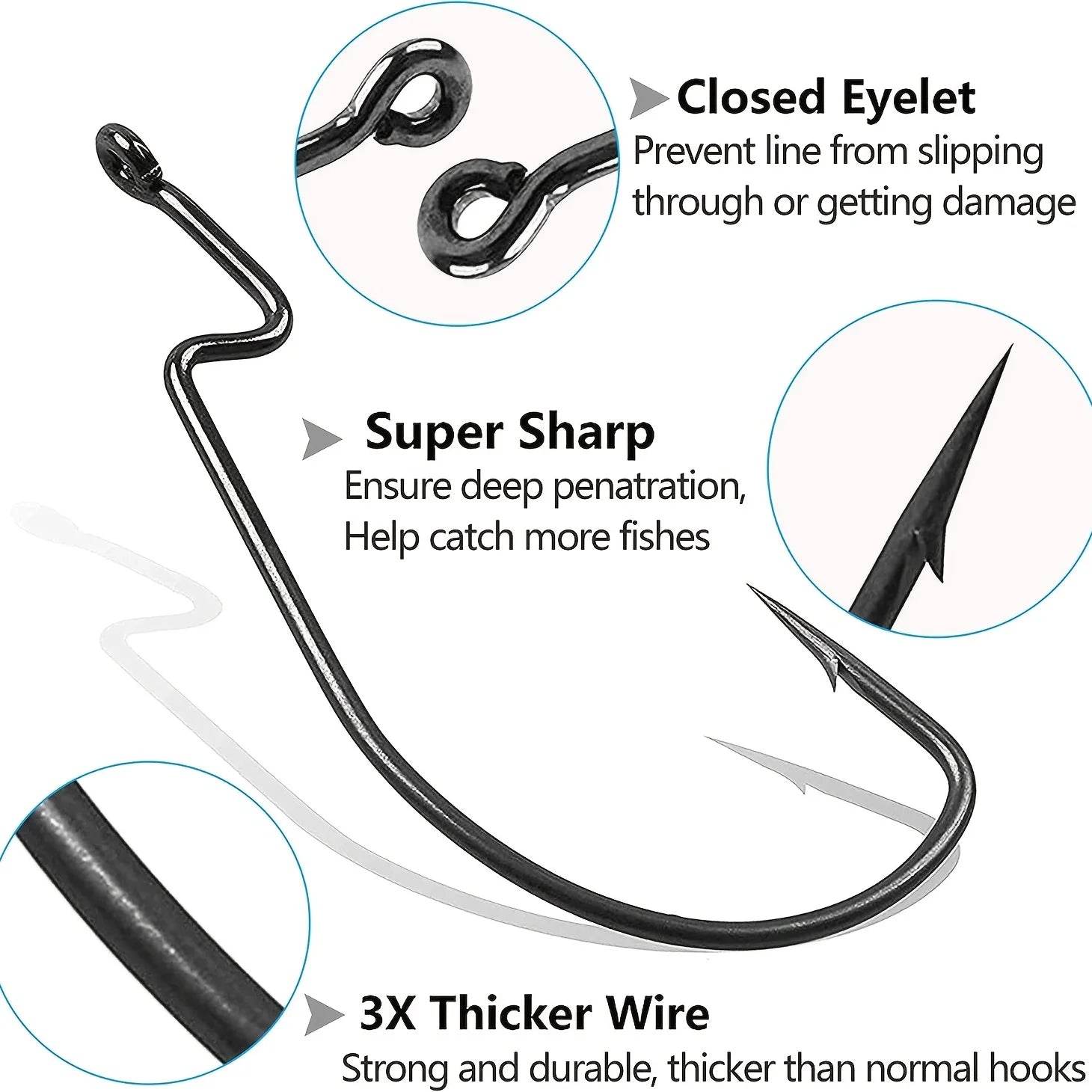 50PCS/box Offset Worm Hooks Assortment with Tackle Box, High Carbon Steel Worm Fishing Hooks Wide Gap Barb Hooks Soft Bait