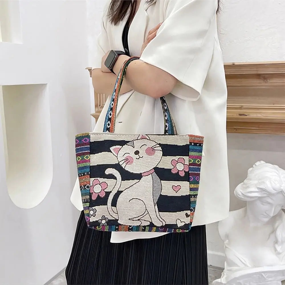 1Pcs Animal Ethnic Style Handbag Trendy Embroidery Elephant Peacock Handbag Rabbit Canvas Tote Bag Storage Bag