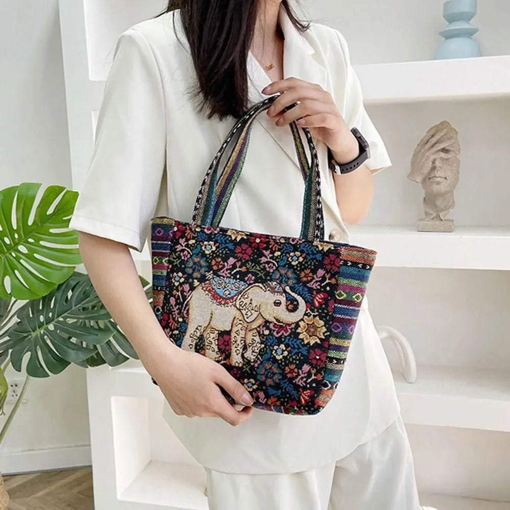 1Pcs Animal Ethnic Style Handbag Trendy Embroidery Elephant Peacock Handbag Rabbit Canvas Tote Bag Storage Bag