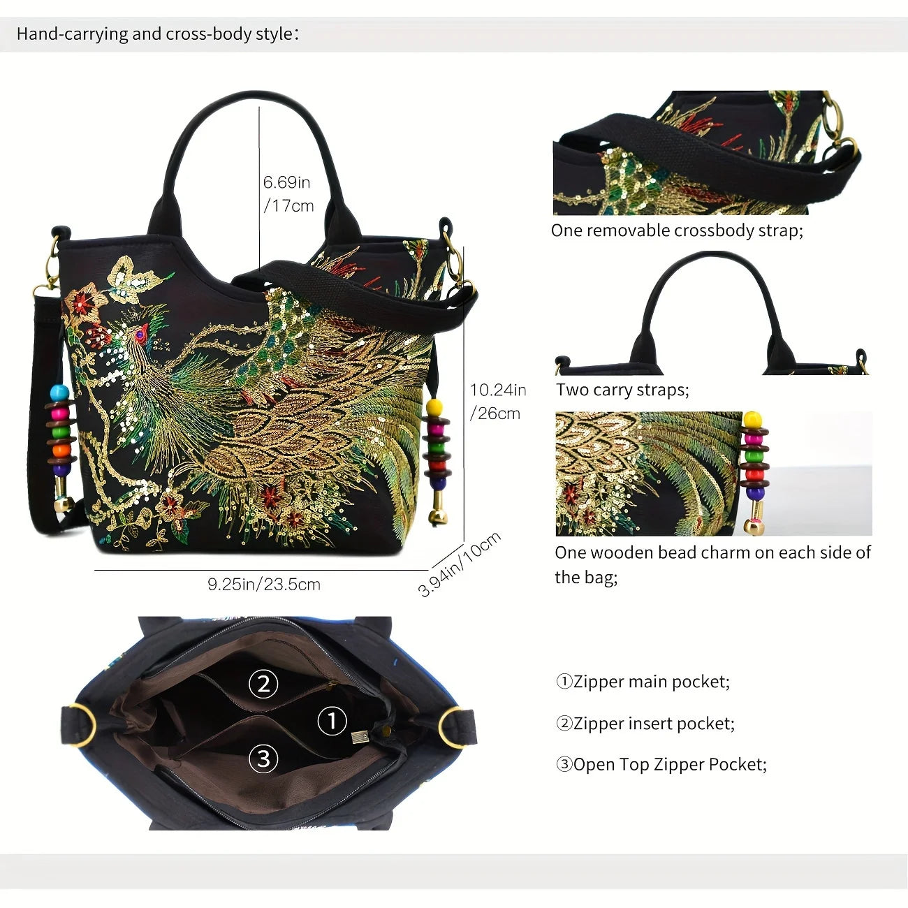 Phoenix Embroidered Sequin Handbag, Ethnic Style Embroidered Handbag, Women's Ethnic Travel Bohemian Bag