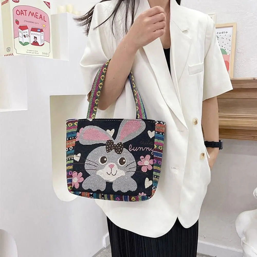 1Pcs Animal Ethnic Style Handbag Trendy Embroidery Elephant Peacock Handbag Rabbit Canvas Tote Bag Storage Bag