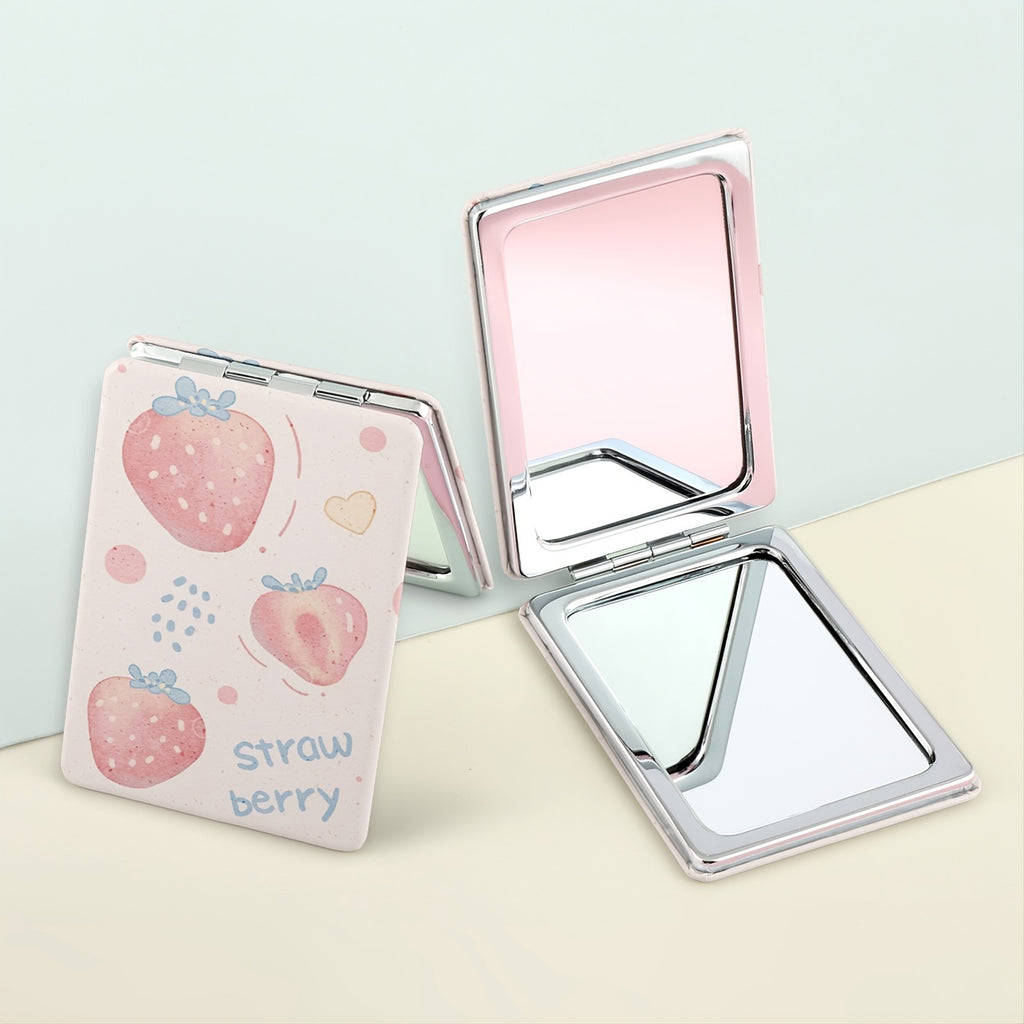 1pc Strawberry Design Double-Sided Makeup Mirror, Polished Iron Frame, Tabletop Mount, Magnifying Glass Surface, Flower Theme, Unscented, No Battery Required