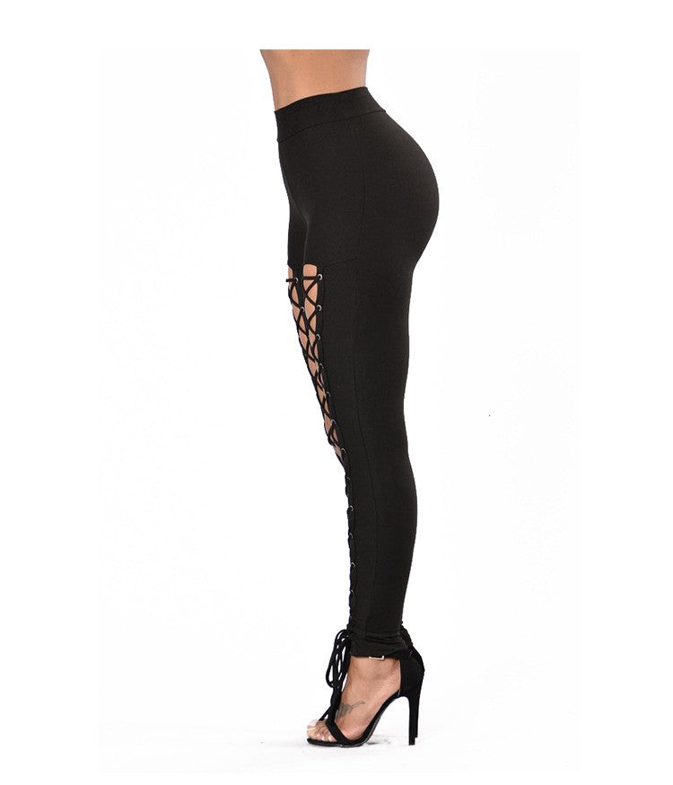 Autumn-Winter Trendy + Western Sexy Lace-Up Leggings with Double Rows of Eyelets, Cross-Tie Ankle Pants for Women, Solid Color Slim-Fit