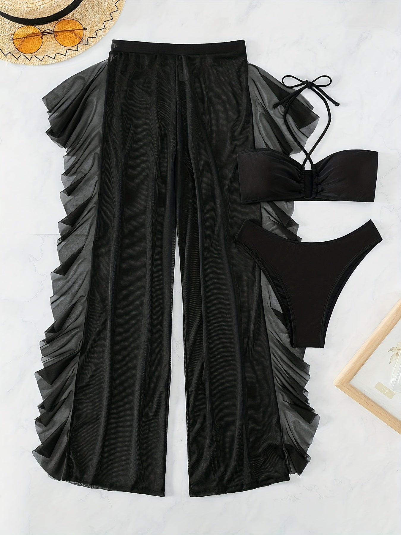 [Sexy Mesh Bikini Set] Sexy Pure Black Semi-Sheer Mesh Panty Bikini Set for Women | Ruched Crisscross Strap Fashion