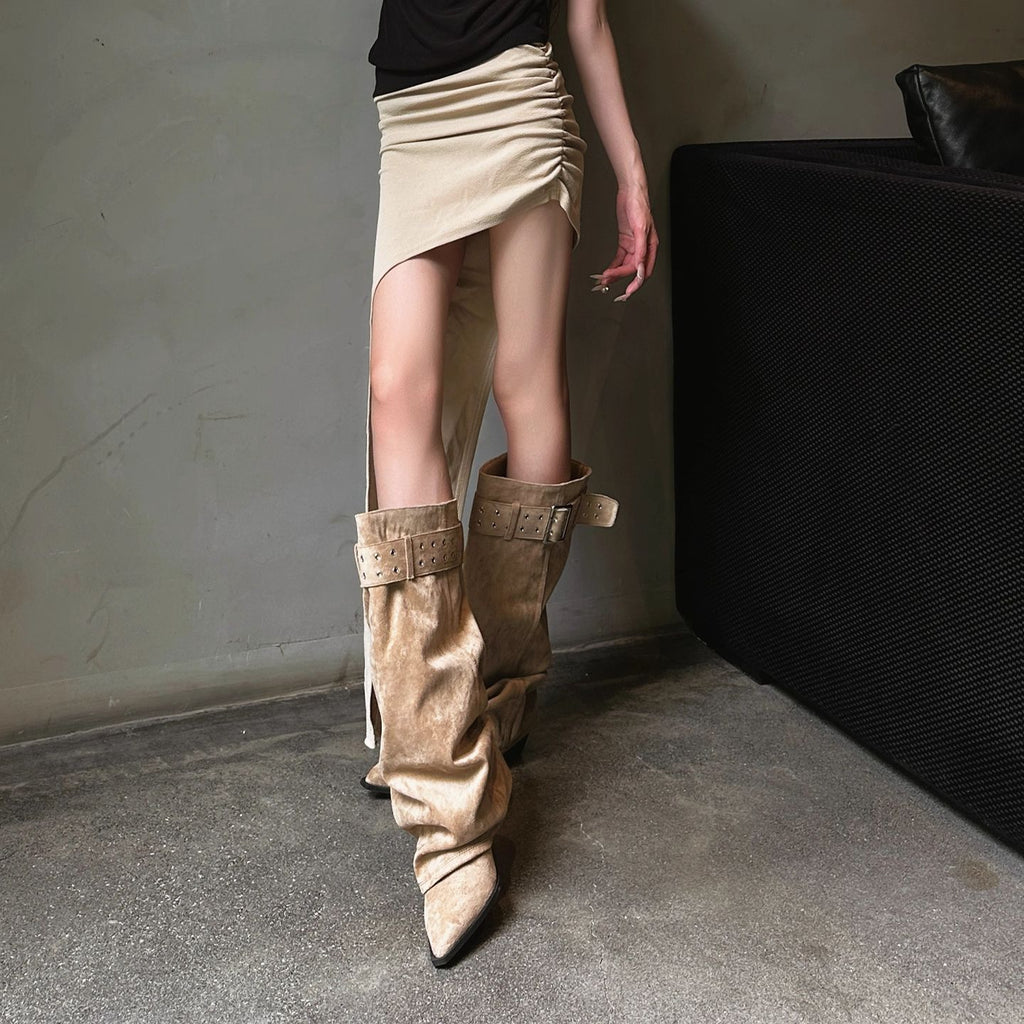 Womens Black Knee-High Pointed-Toe High-Heel Western Boots