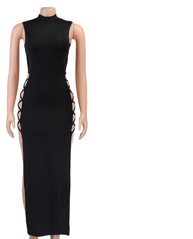 Sexy High Neck Bodycon Long Dress With Side Hollow And High Slit | Solid Color, Style, Suitable For Spring/Fall